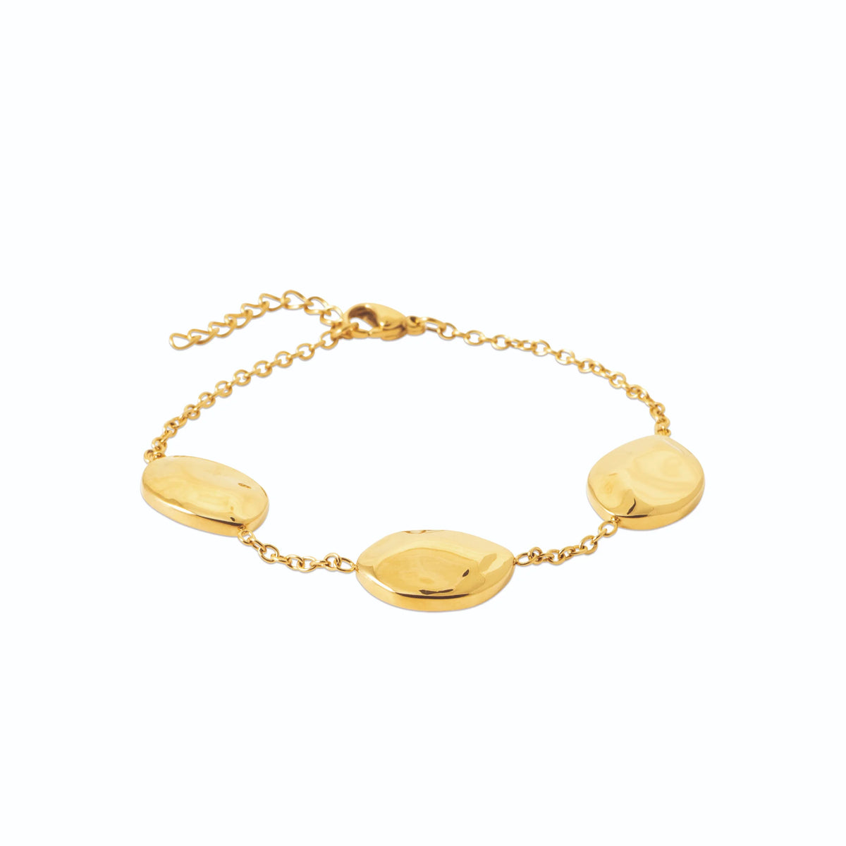 Bracelet chaîne fine à trois galets dorés en acier PVD doré