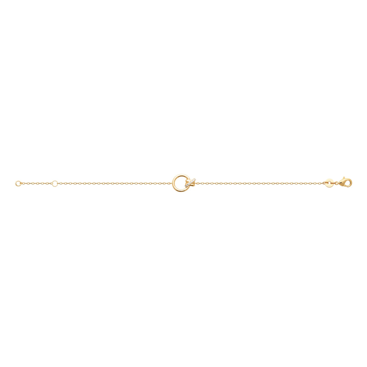 Bracelet chaîne fine anneau ouvert et barrette pavée en plaqué or, vu à plat