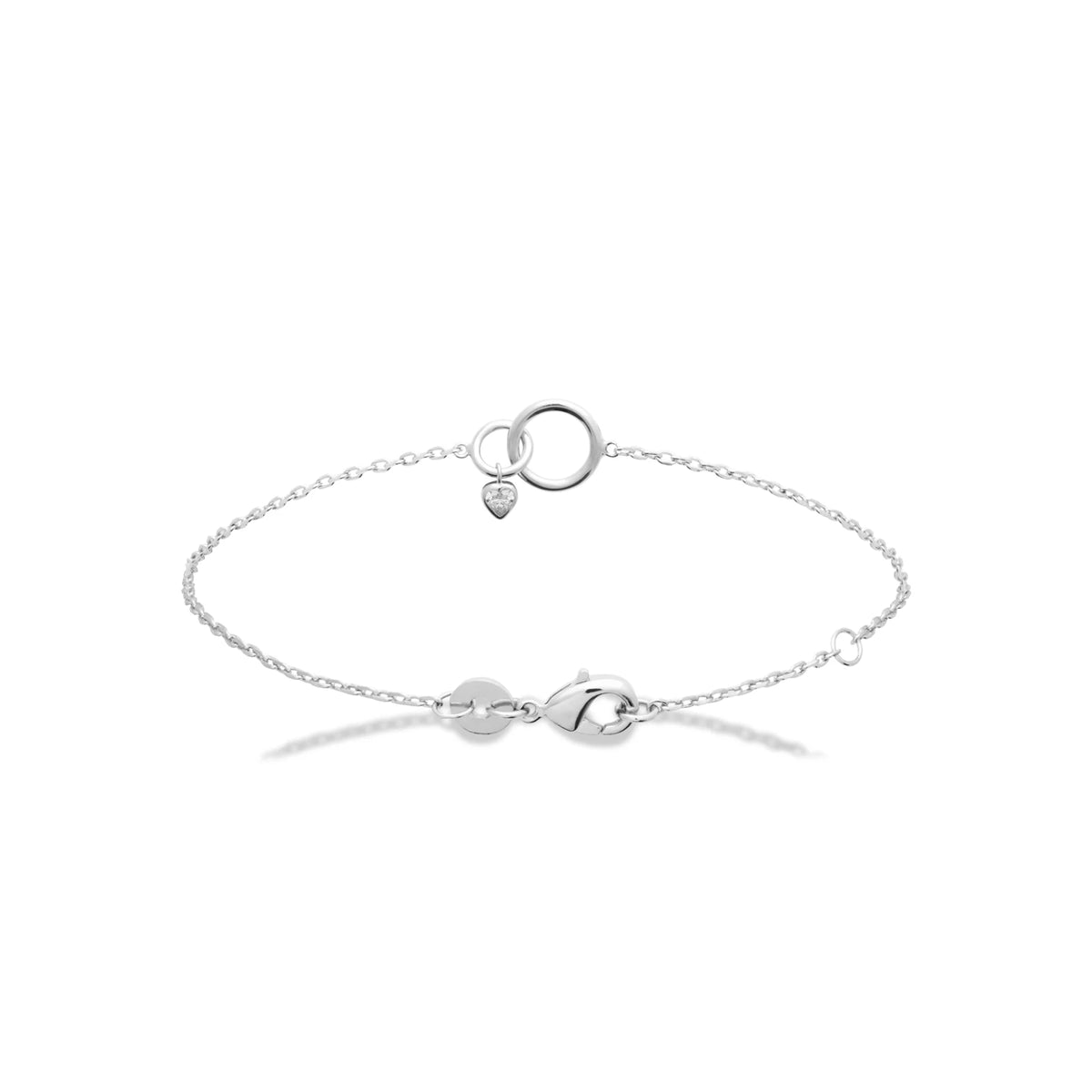 Bracelet chaîne fine anneaux entrelacés et zircon cœur en argent 925 rhodié