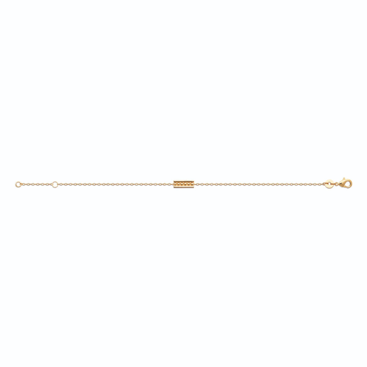 Bracelet chaîne fine barrette ciselée perlée en plaqué or, vu à plat