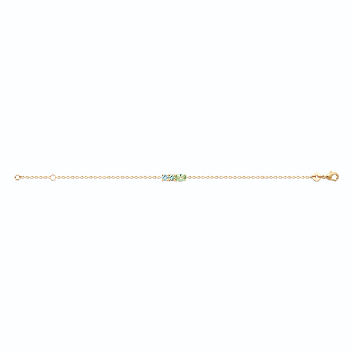 Bracelet chaîne fine barrette de pierres vertes et bleu ciel en plaqué or