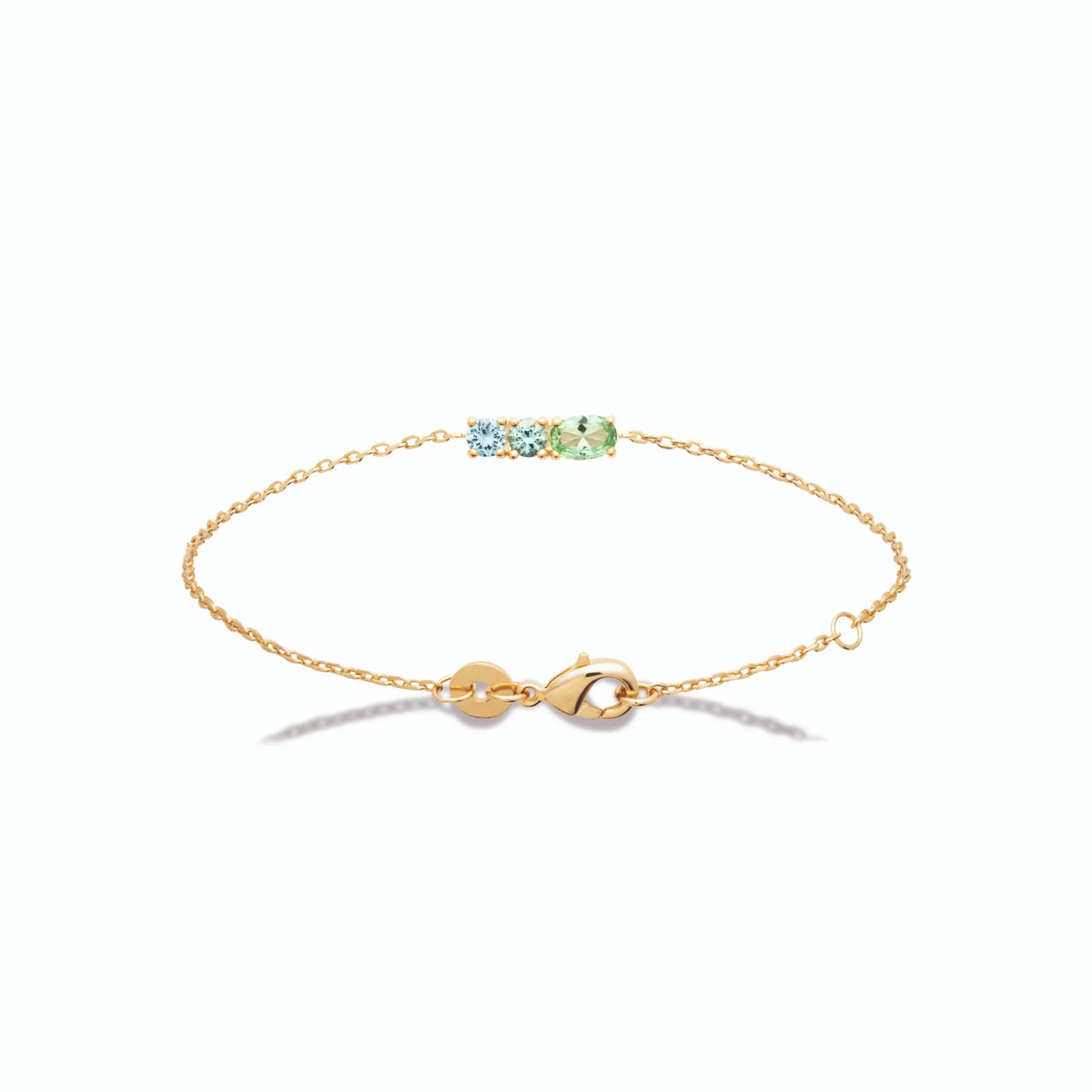 Bracelet chaîne fine barrette de pierres vertes et bleu ciel en plaqué or