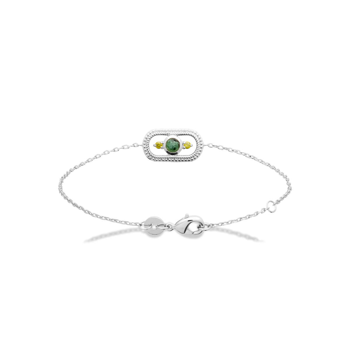 Bracelet chaîne fine cadre cordé et jaspe dalmatien en argent 925 rhodié