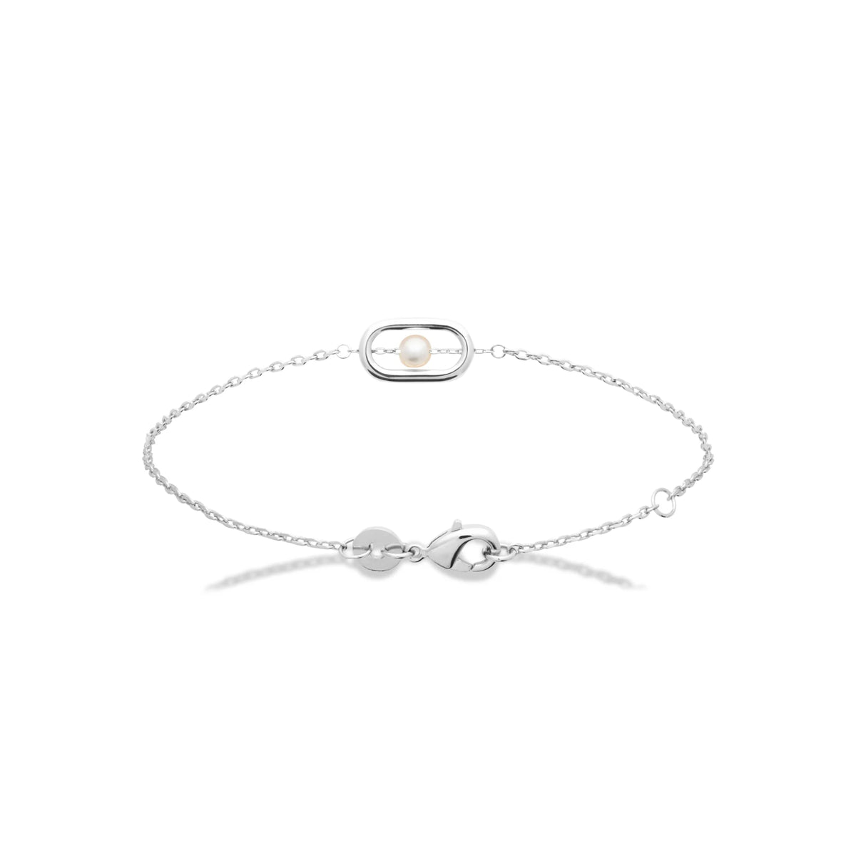 Bracelet chaîne fine cadre ovale et perle de culture en argent 925 rhodié