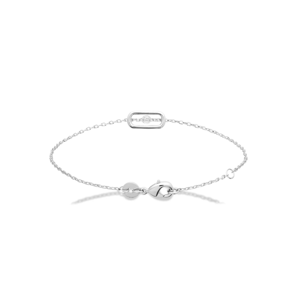 Bracelet chaîne fine cadre ovale et zircon central en argent 925 rhodié