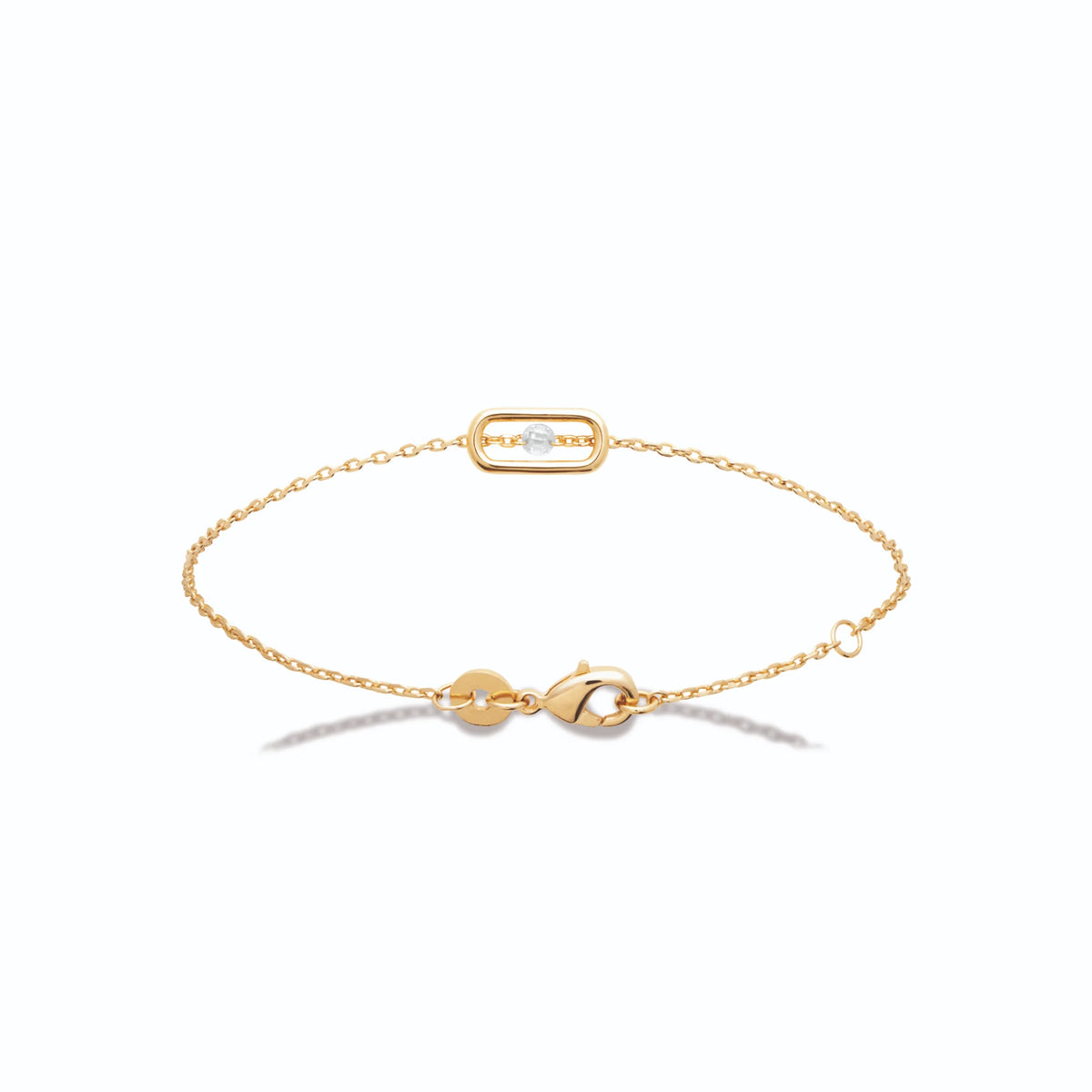 Bracelet chaîne fine cadre ovale et zircon central en plaqué or