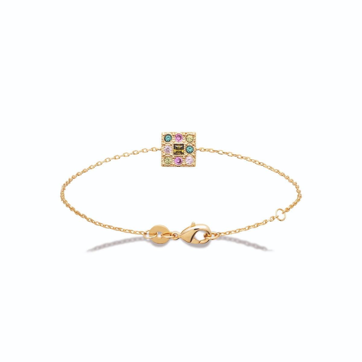 Bracelet chaîne fine carré de pierres multicolores en plaqué or