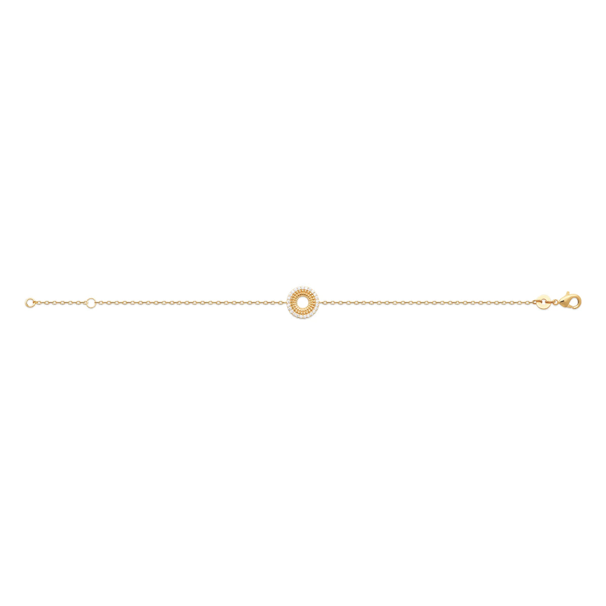 Bracelet chaîne fine cercle rayonnant et zircons en plaqué or
