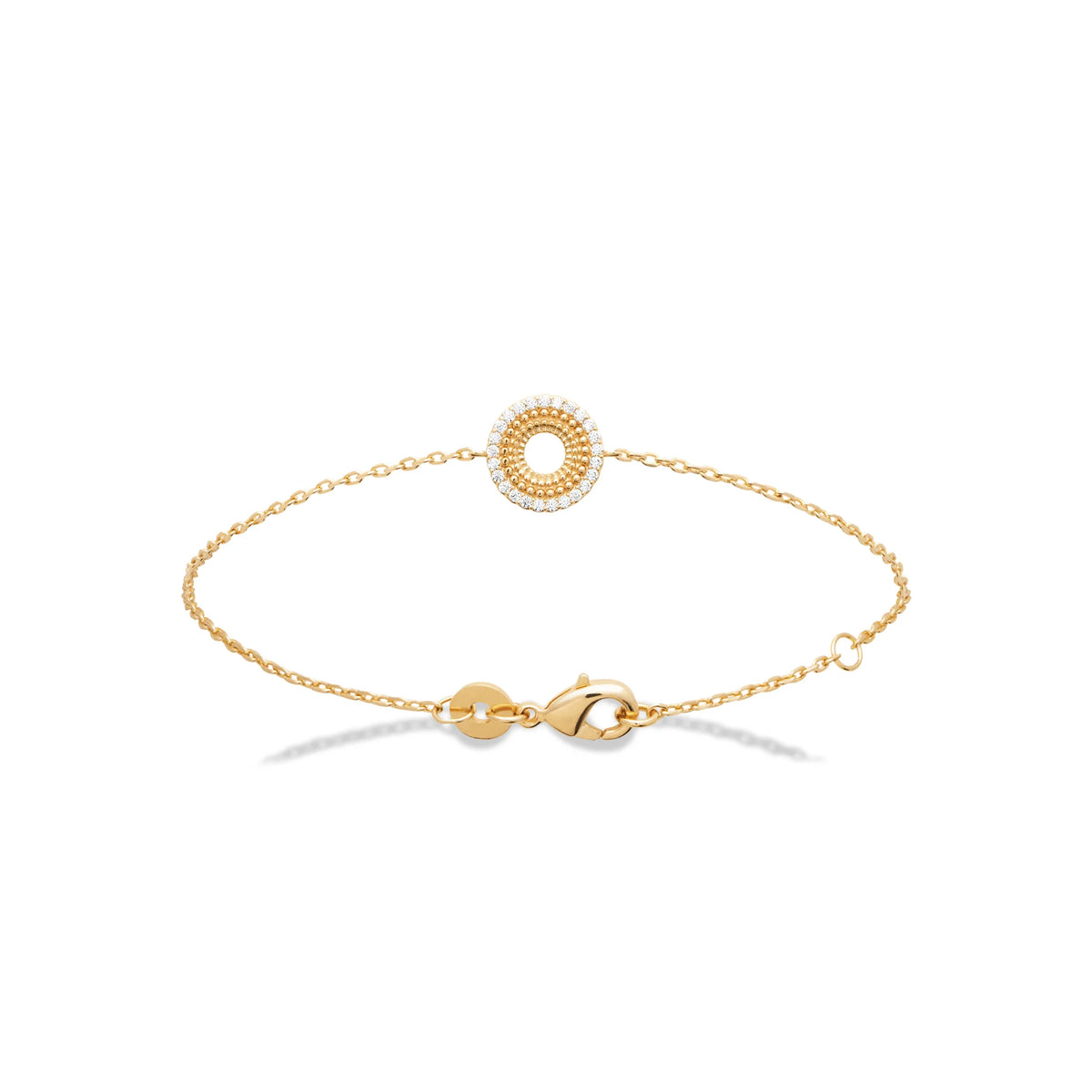 Bracelet chaîne fine cercle rayonnant et zircons en plaqué or