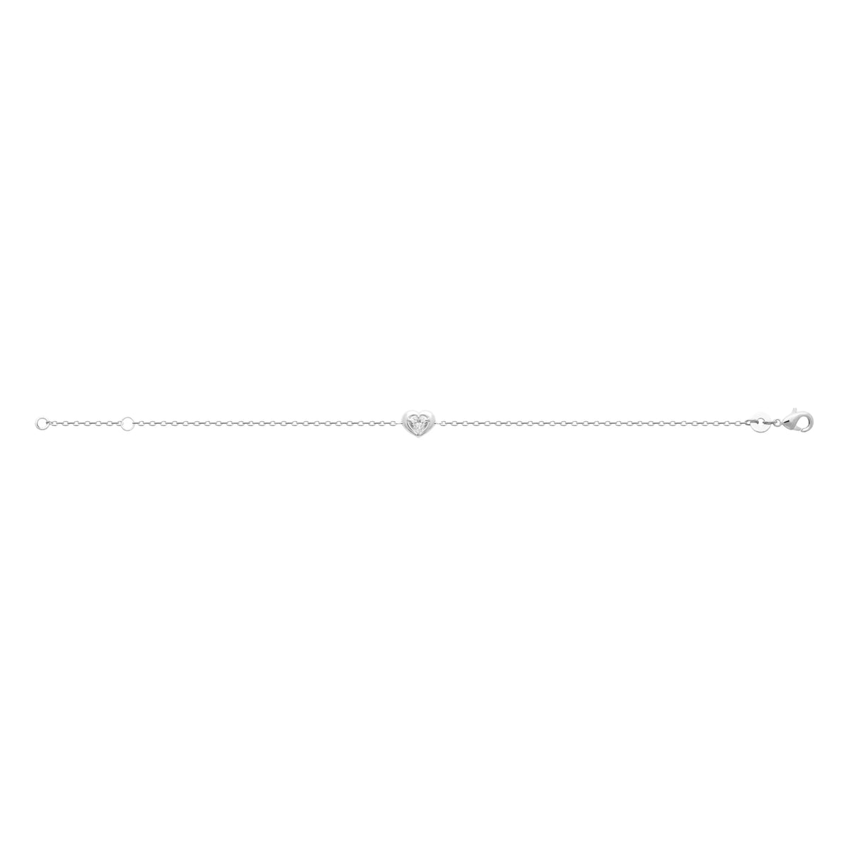 Bracelet chaîne fine cœur bombé et zircon cœur en argent 925 rhodié