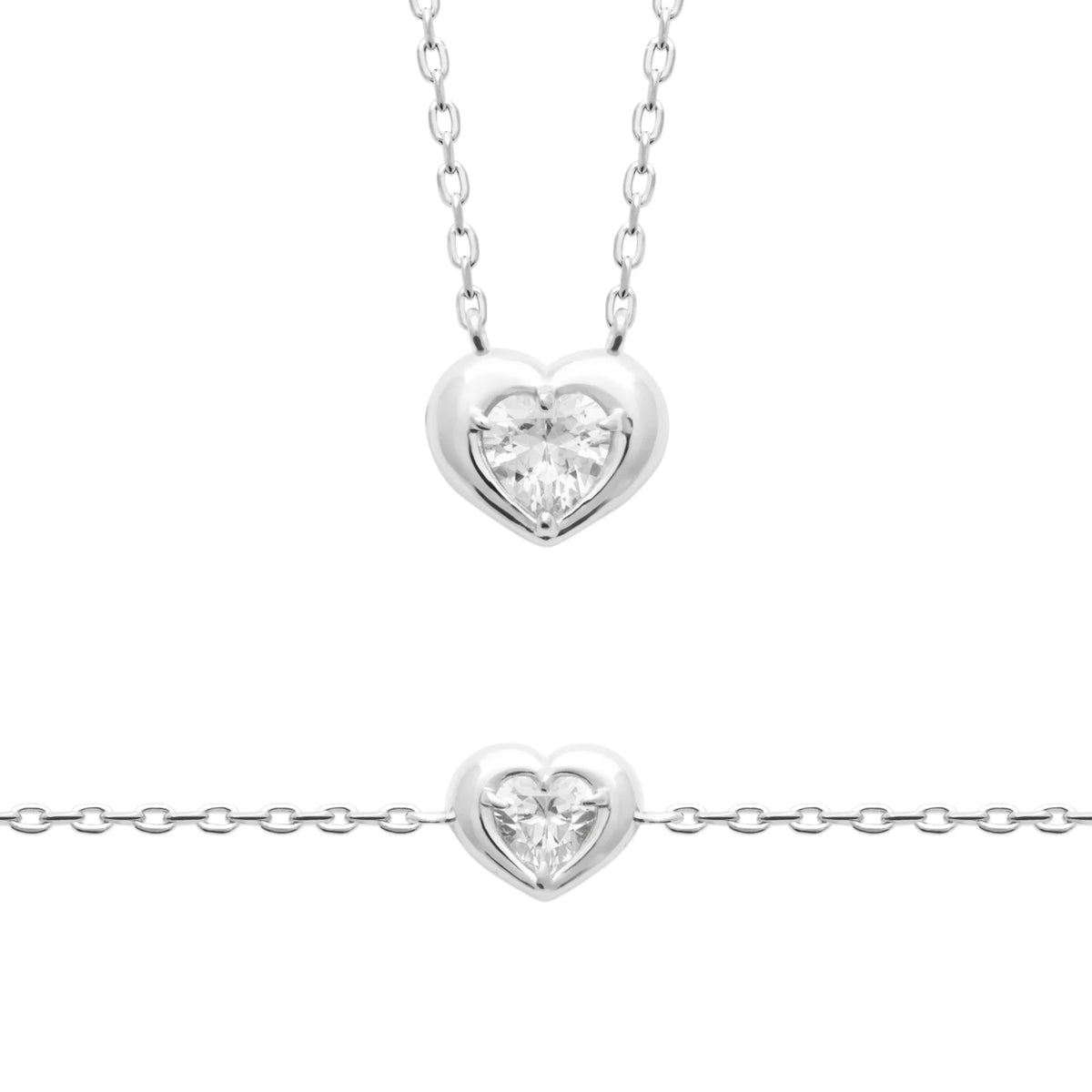 Bracelet chaîne fine cœur bombé et zircon cœur en argent 925 rhodié
