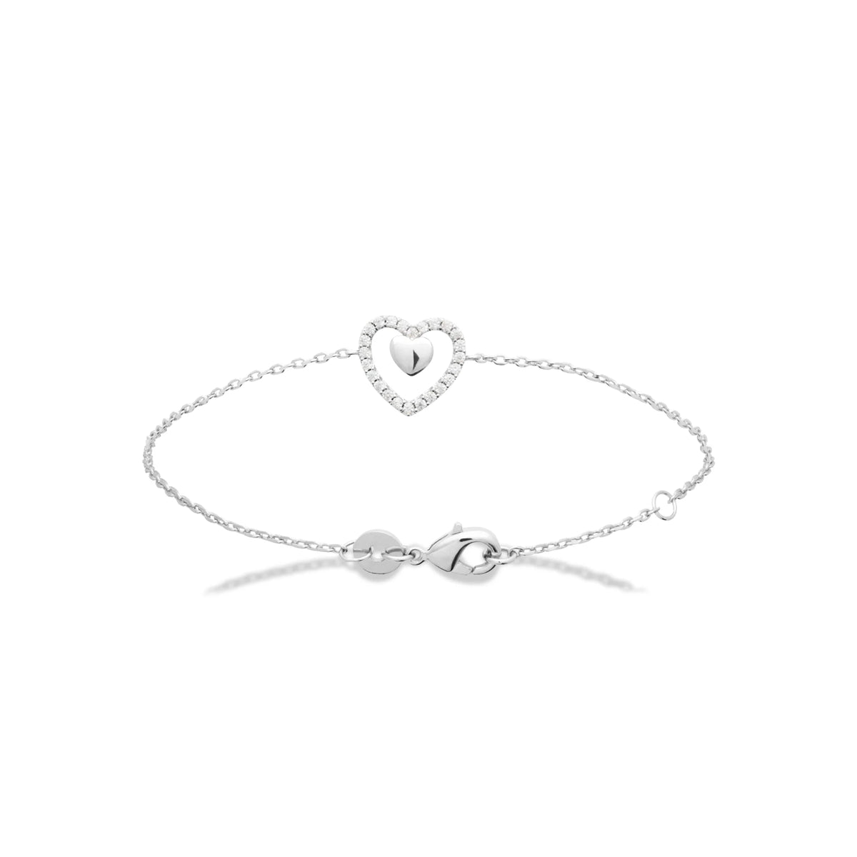 Bracelet chaîne fine cœur de zircons et petit cœur lisse en argent 925 rhodié