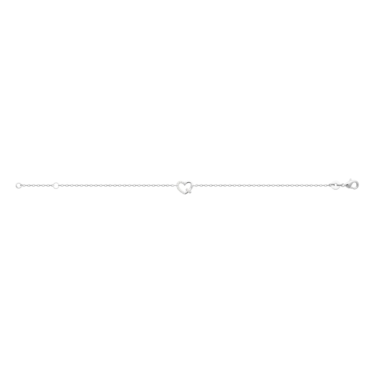 Bracelet chaîne fine cœur mi-pavé mi-lisse en argent 925 rhodié