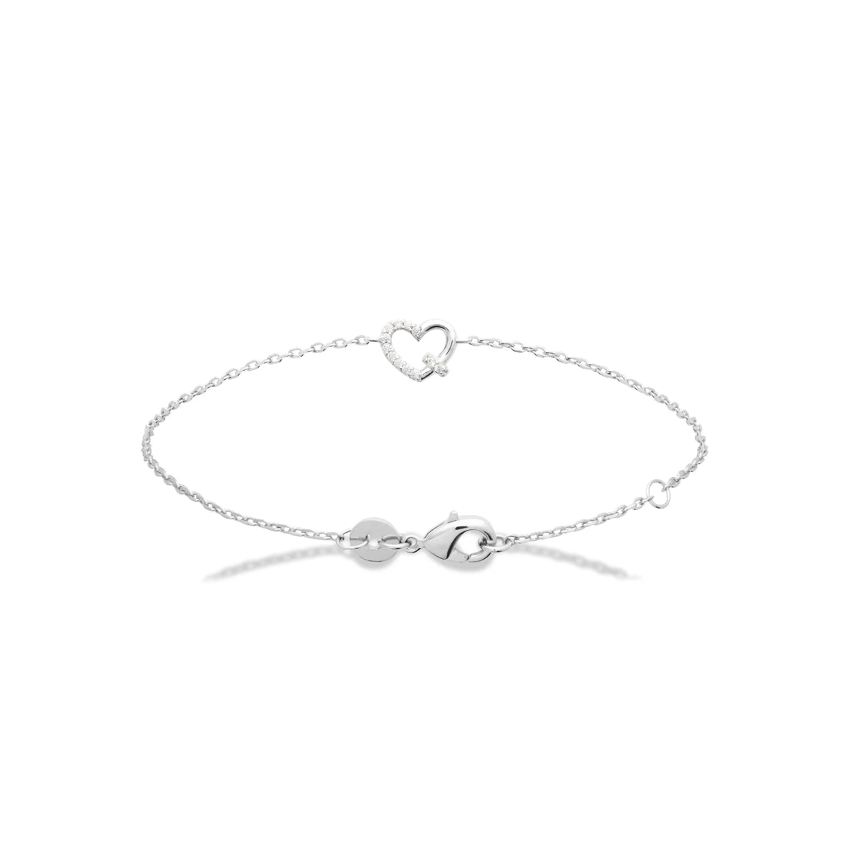 Bracelet chaîne fine cœur mi-pavé mi-lisse en argent 925 rhodié