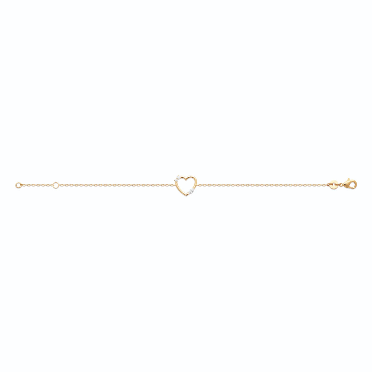 Bracelet chaîne fine cœur ouvert et petite étoile sertie en plaqué or, vu à plat