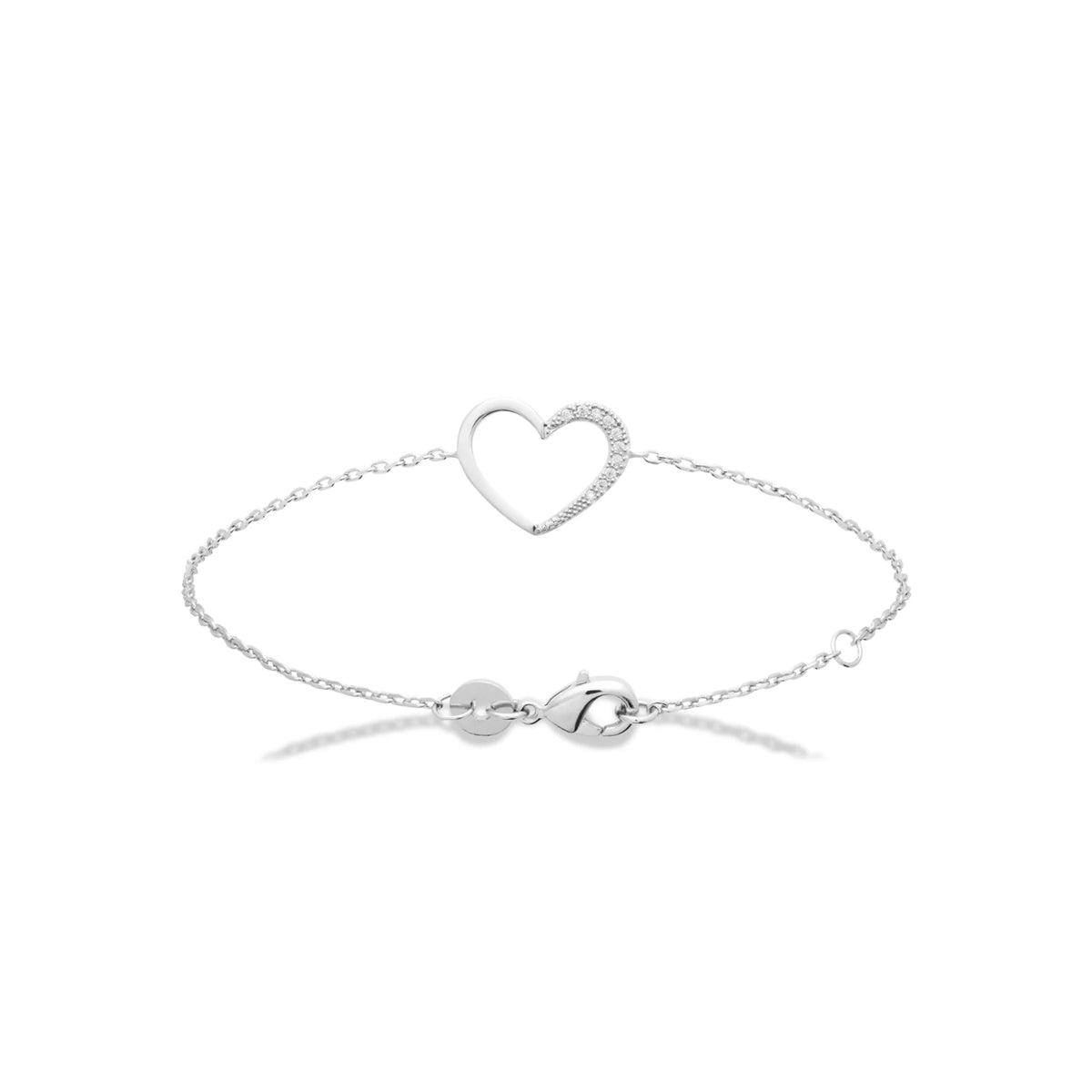 Bracelet chaîne fine cœur ouvert serti de zircons en argent 925 rhodié