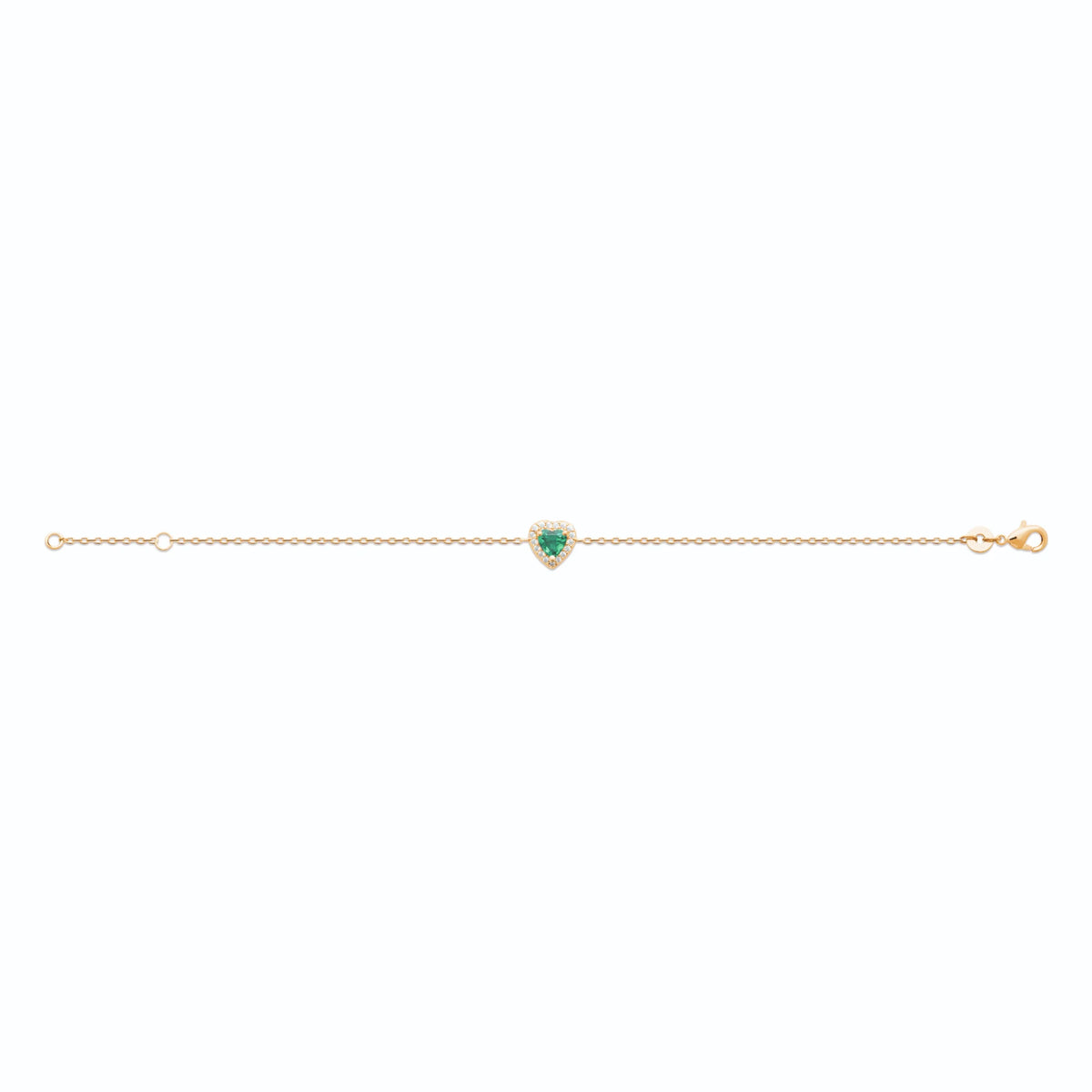 Bracelet chaîne fine cœur vert et halo de zircons en plaqué or, vu à plat