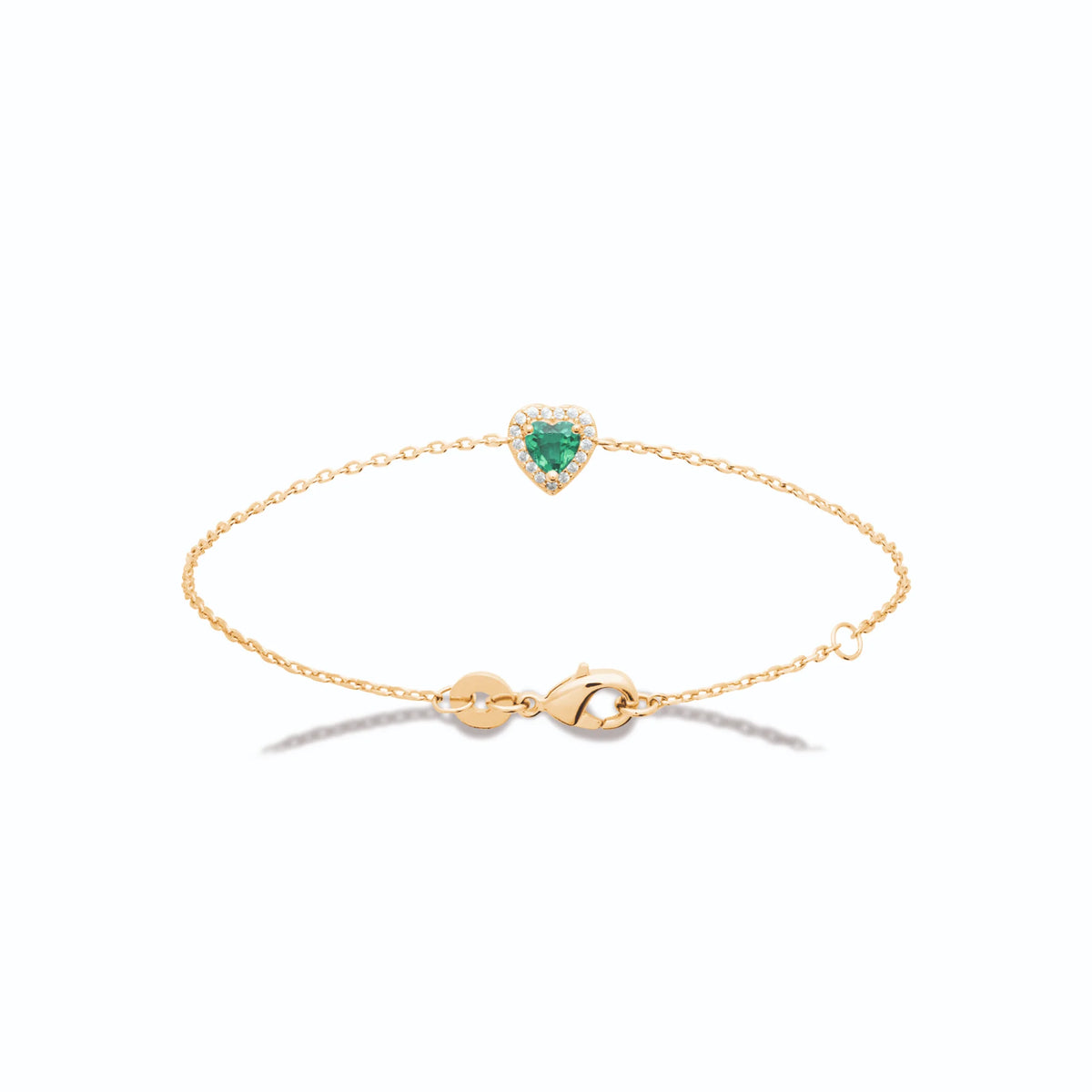 Bracelet chaîne fine cœur vert et halo de zircons en plaqué or