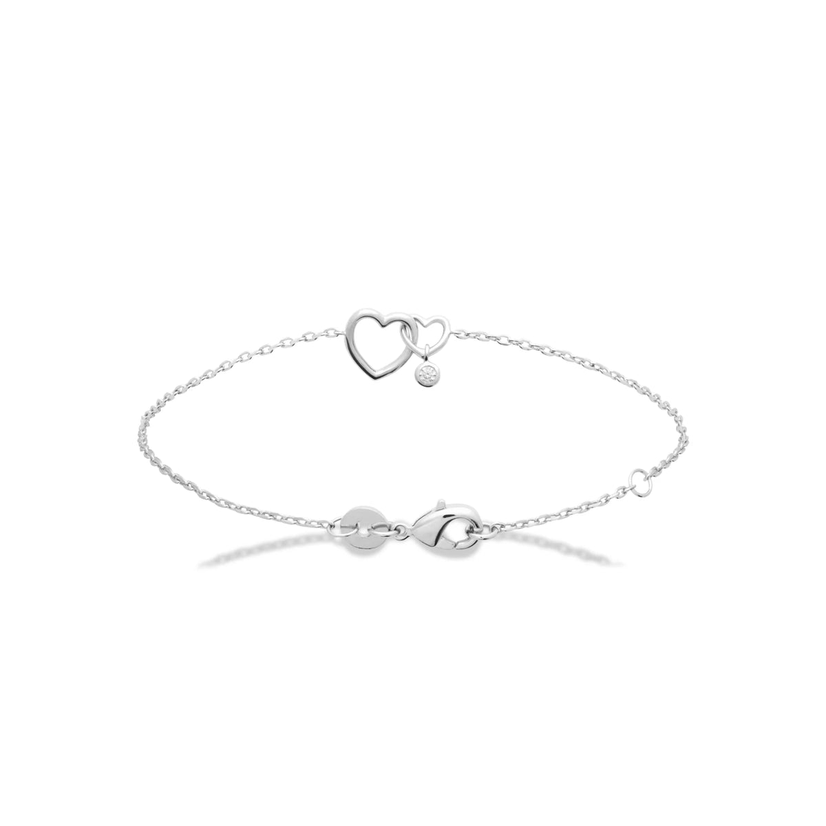 Bracelet chaîne fine deux cœurs entrelacés et pampille en argent 925 rhodié