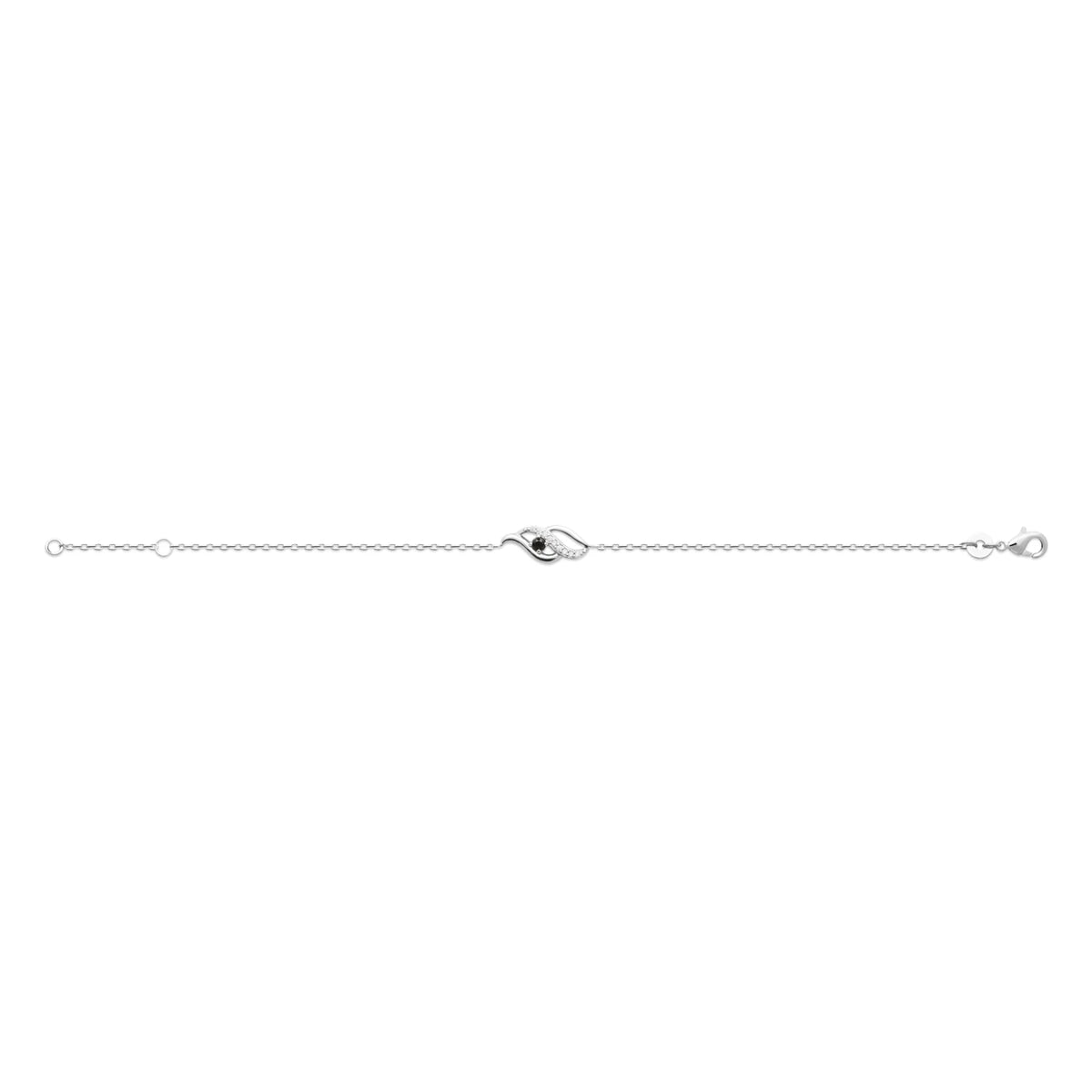 Bracelet chaîne fine double vague et pierre noire en argent 925 rhodié
