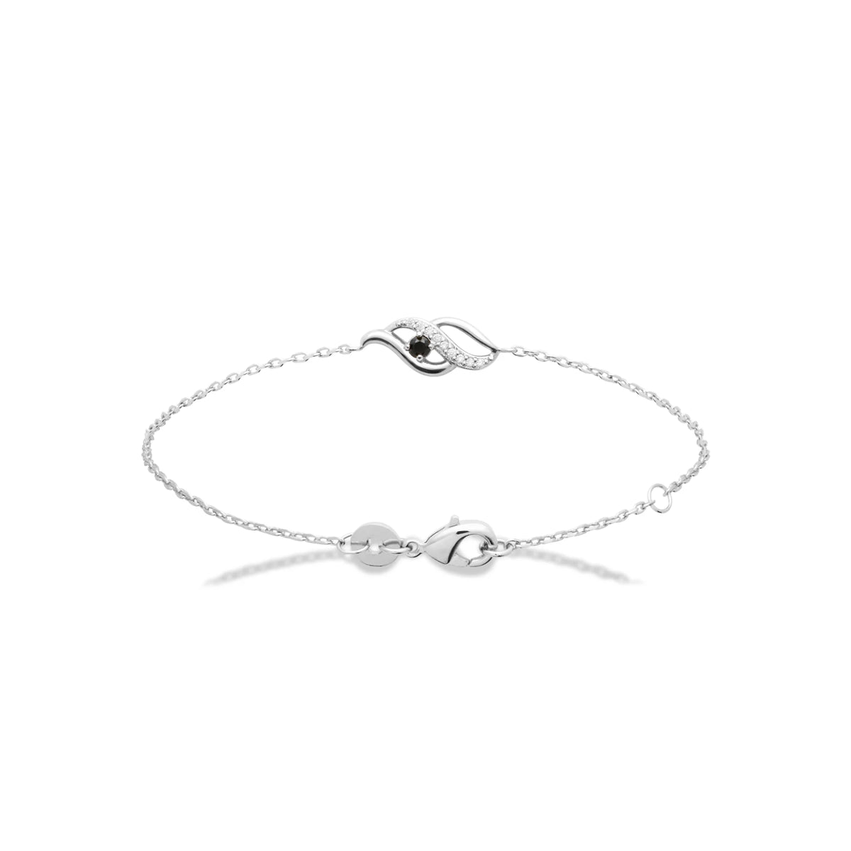 Bracelet chaîne fine double vague et pierre noire en argent 925 rhodié