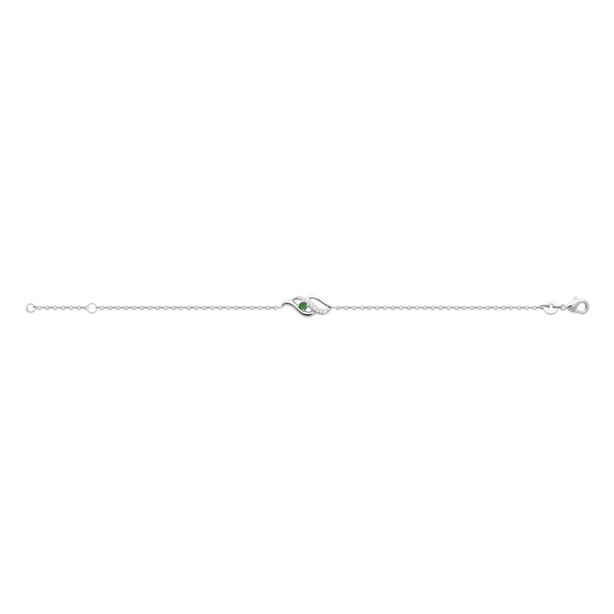Bracelet chaîne fine double vague et pierre verte en argent 925 rhodié