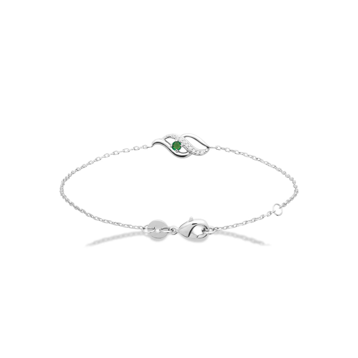 Bracelet chaîne fine double vague et pierre verte en argent 925 rhodié