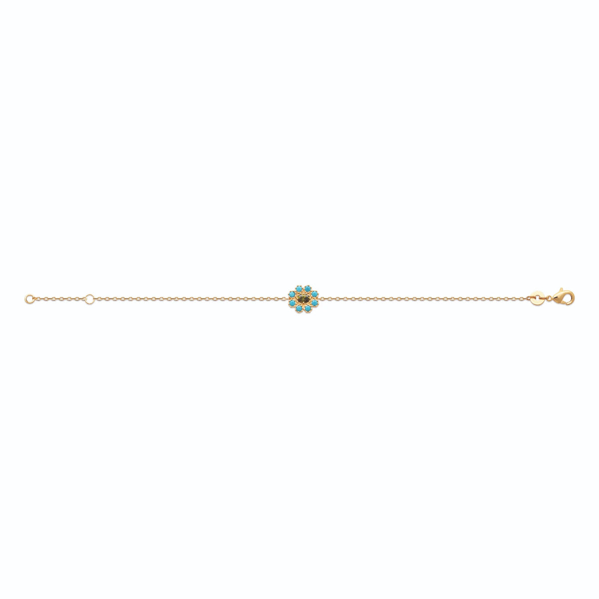 Bracelet chaîne fine fleur de pierres turquoise en plaqué or