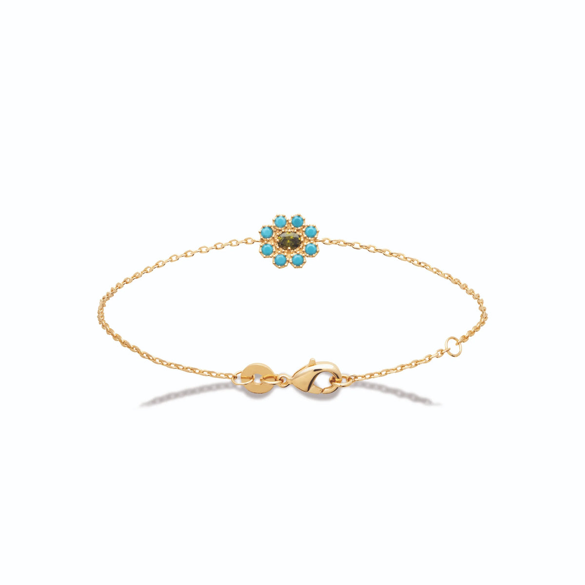 Bracelet chaîne fine fleur de pierres turquoise en plaqué or