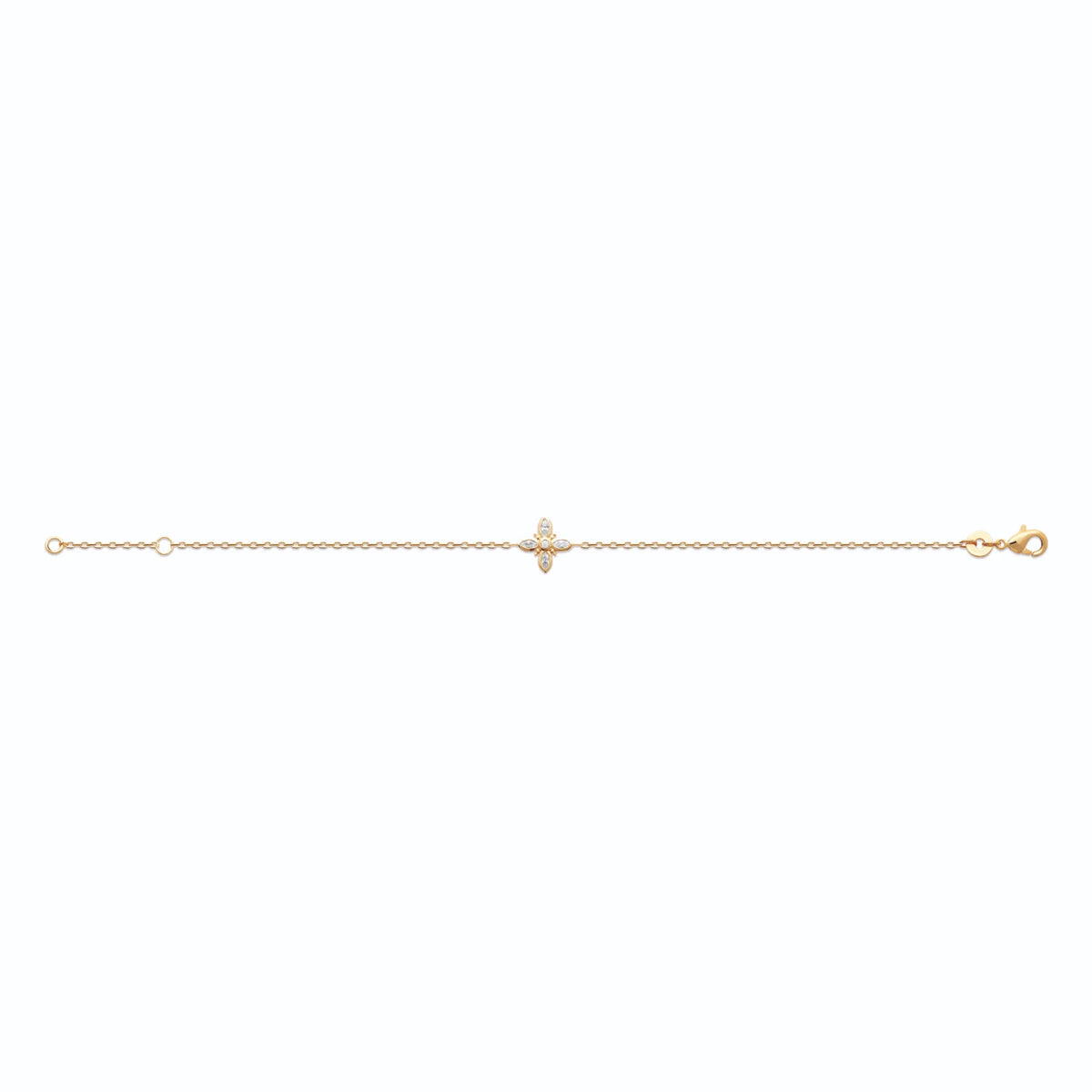 Bracelet chaîne fine fleur de zircons navette en plaqué or, vu à plat