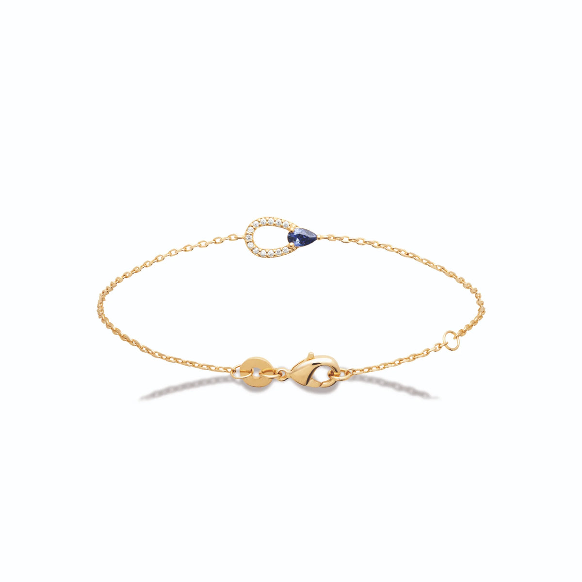 Bracelet chaîne fine goutte de zircons et pierre bleue en plaqué or