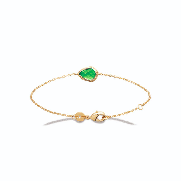 Bracelet chaîne fine goutte verte facettée bordure perlée en plaqué or
