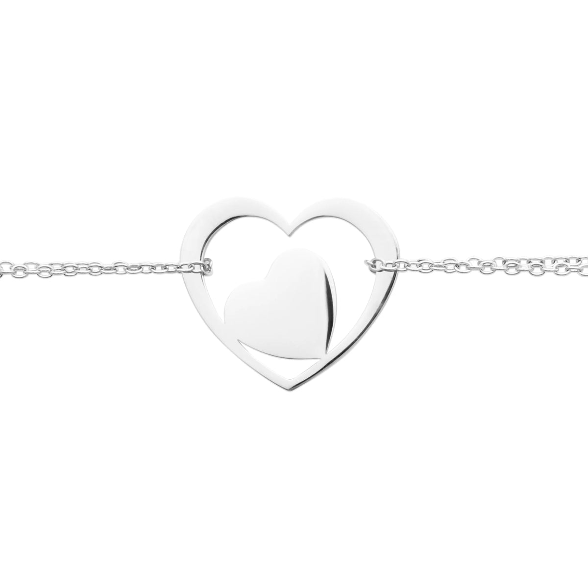 Bracelet chaîne fine grand cœur ouvert et petit cœur en acier inoxydable