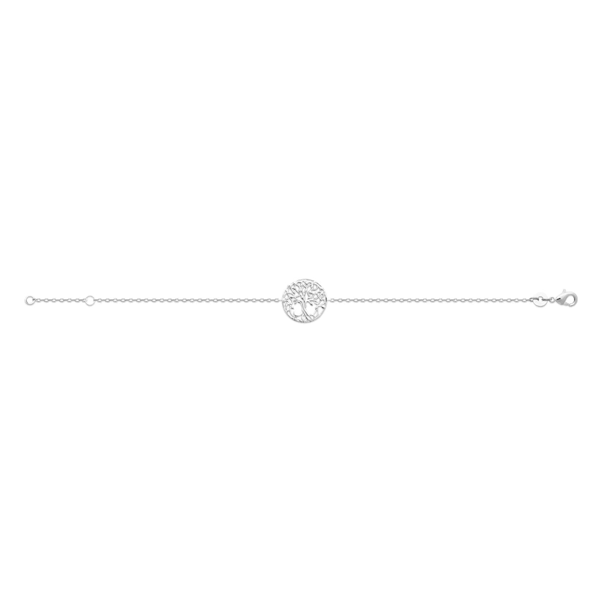 Bracelet chaîne fine médaillon arbre de vie ajouré en argent 925 rhodié, vu à plat