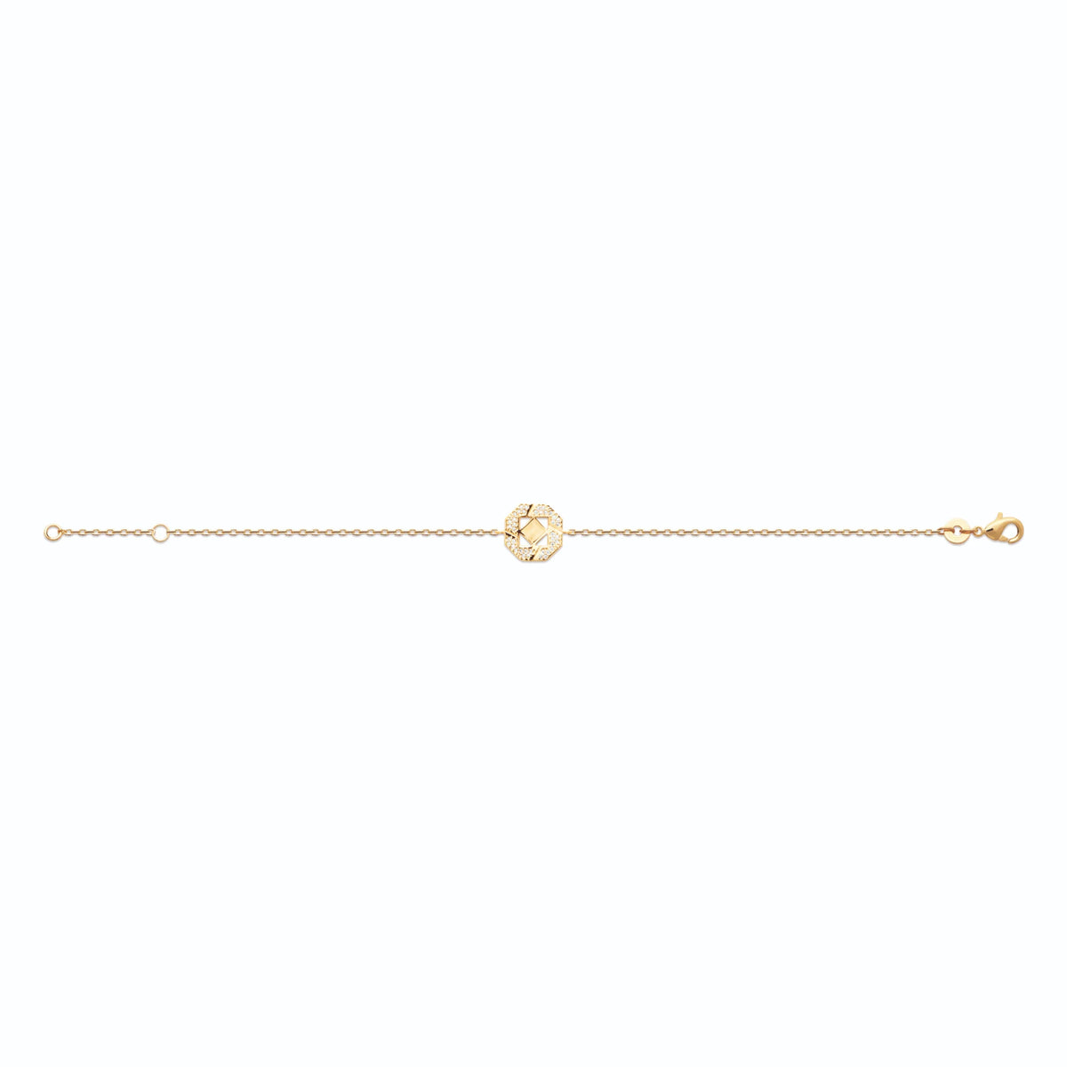 Bracelet chaîne fine médaillon octogonal pavé de zircons en plaqué or