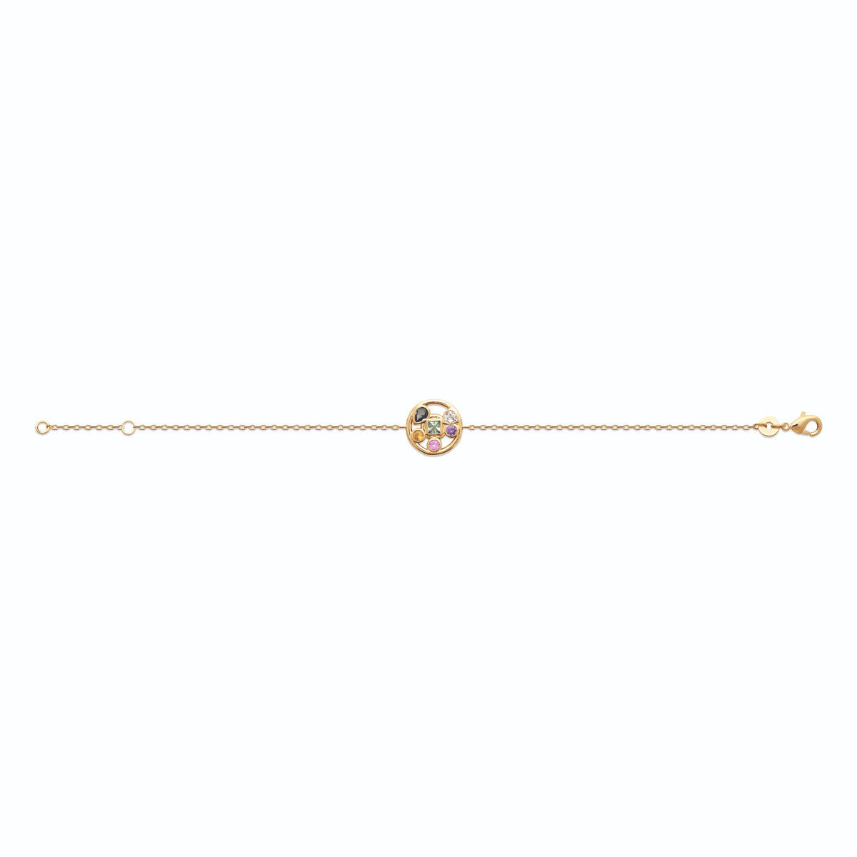 Bracelet chaîne fine médaillon rond de pierres multicolores en plaqué or