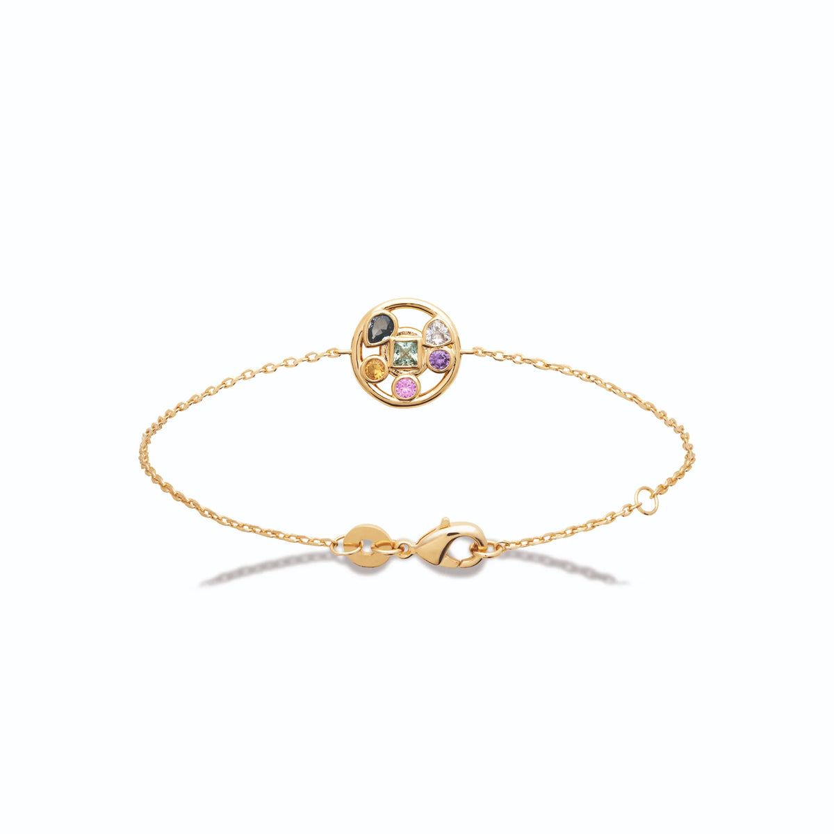 Bracelet chaîne fine médaillon rond de pierres multicolores en plaqué or