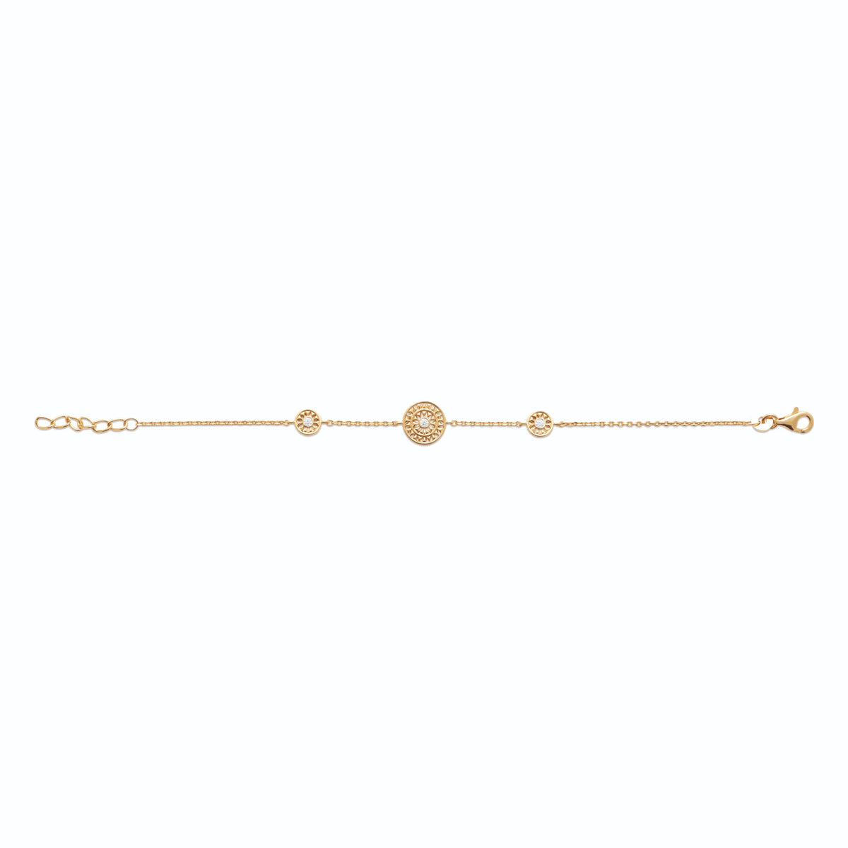 Bracelet chaîne fine médaillon rosace ciselée et zircons en plaqué or