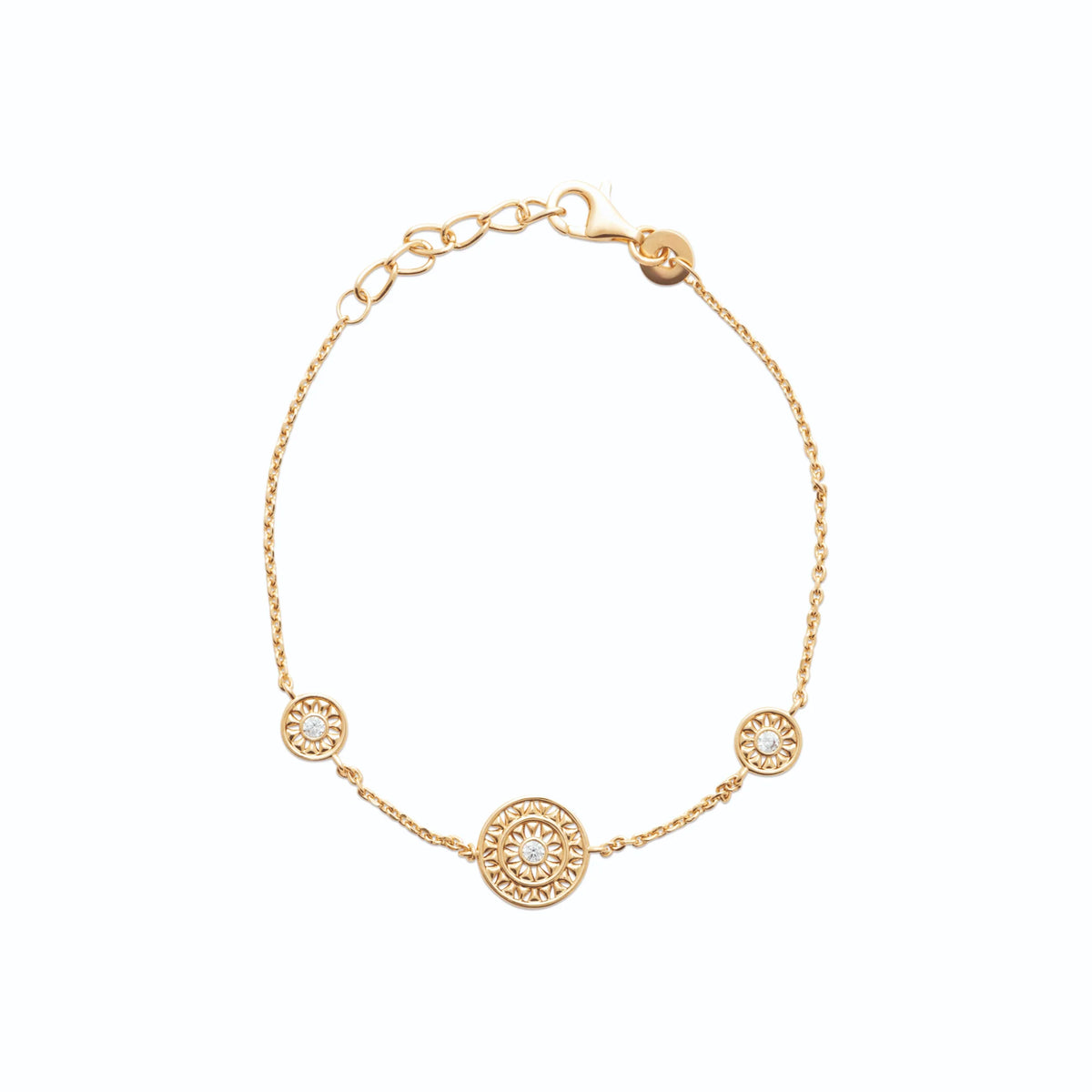 Bracelet chaîne fine médaillon rosace ciselée et zircons en plaqué or