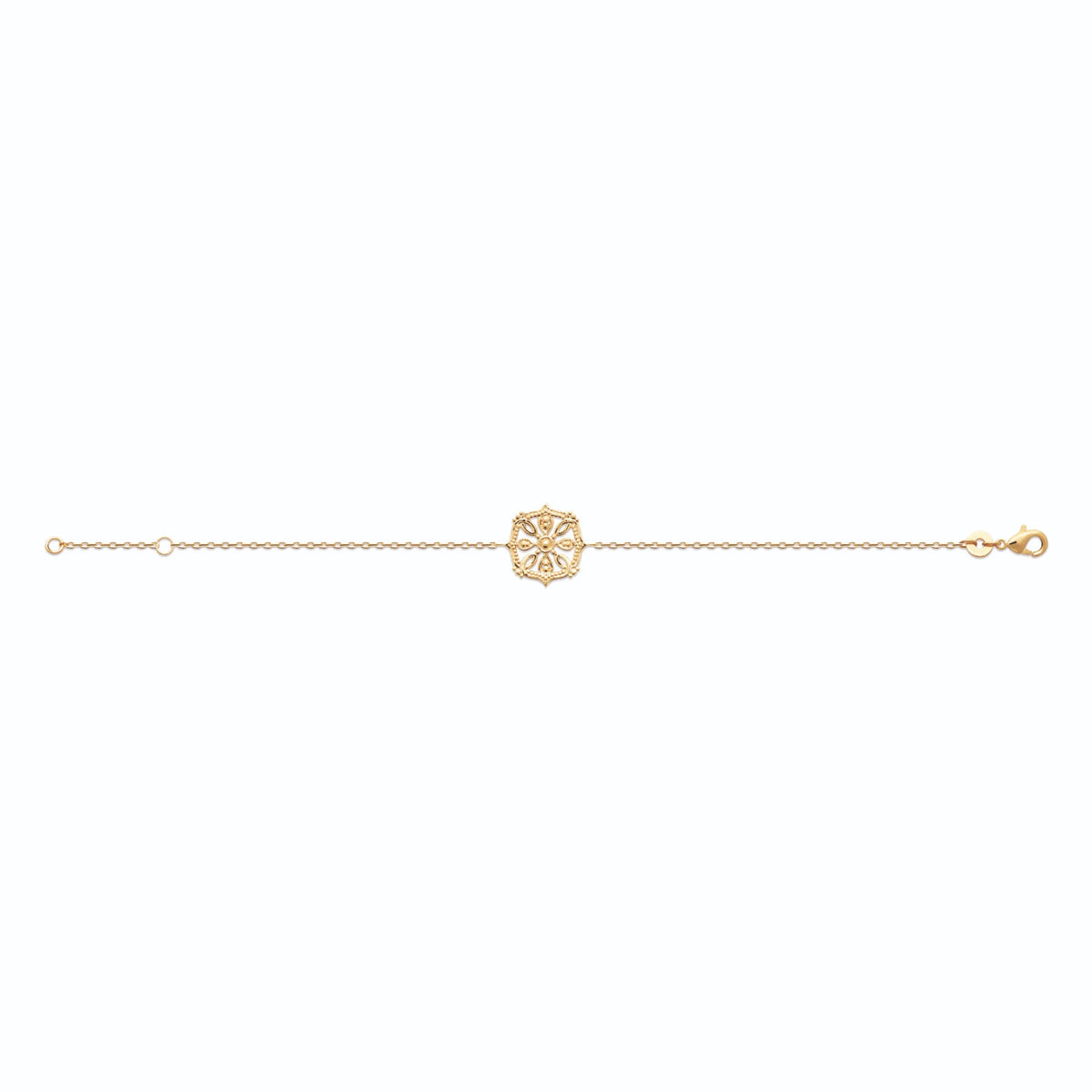 Bracelet chaîne fine médaillon rosace en dentelle de métal en plaqué or