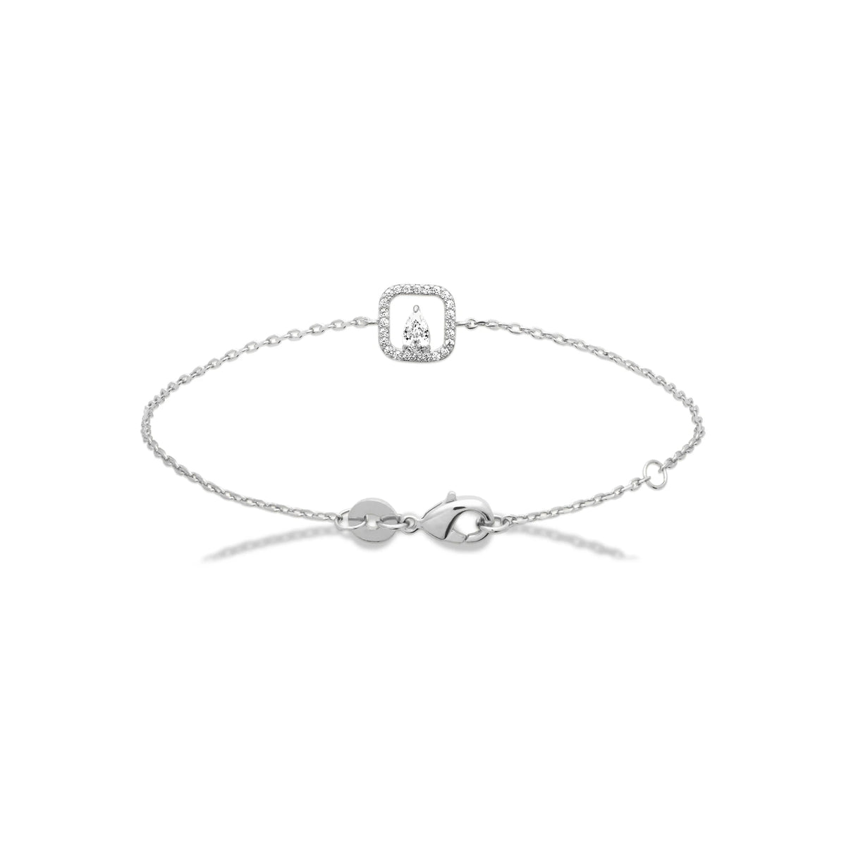 Bracelet chaîne fine motif carré serti de zircons en argent 925 rhodié
