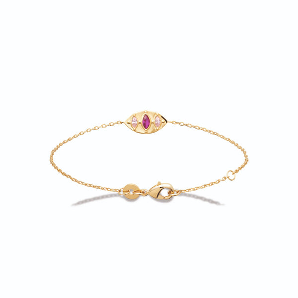 Bracelet chaîne fine navette dorée et pierre fuchsia en plaqué or