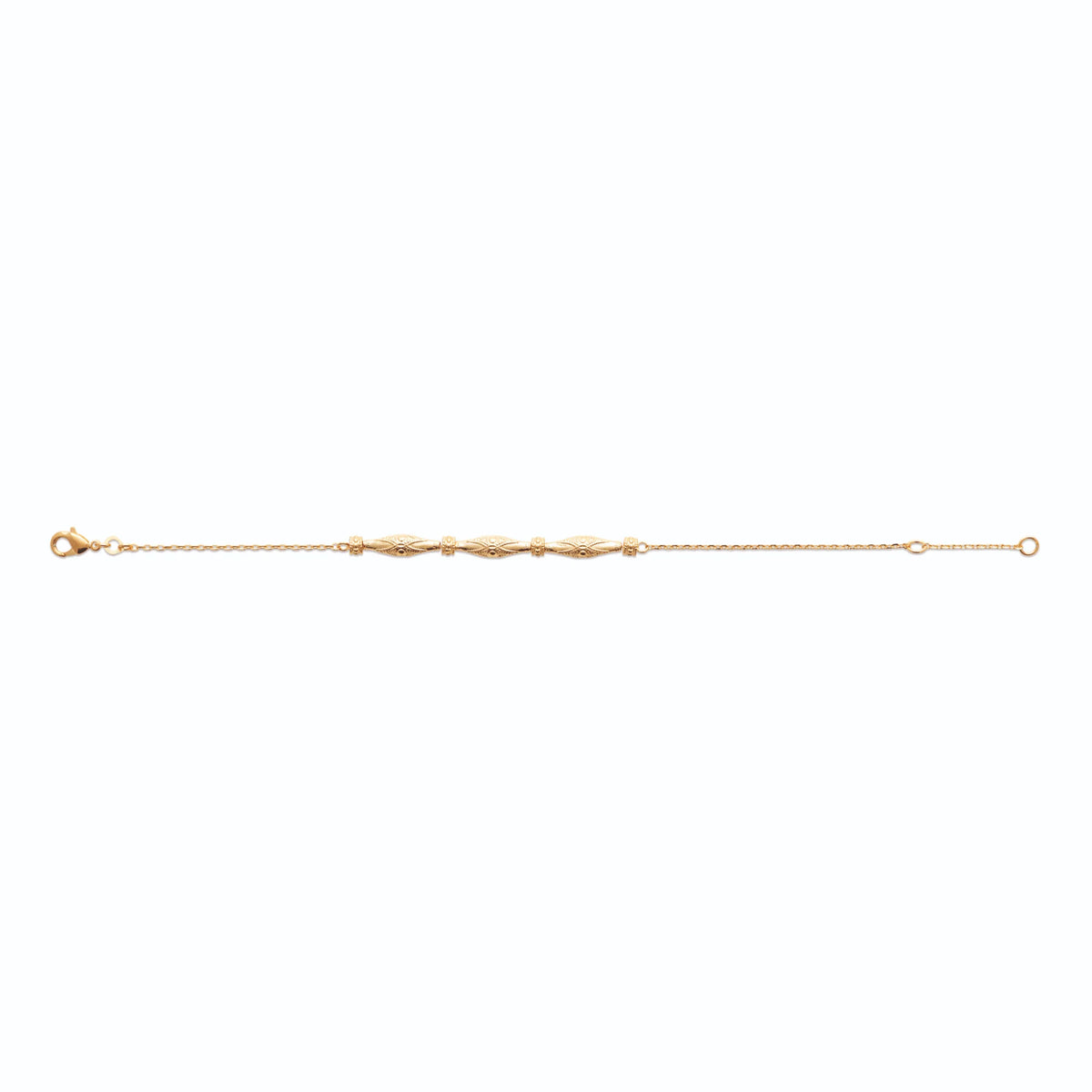 Bracelet chaîne fine navettes ciselées et anneaux striés en plaqué or