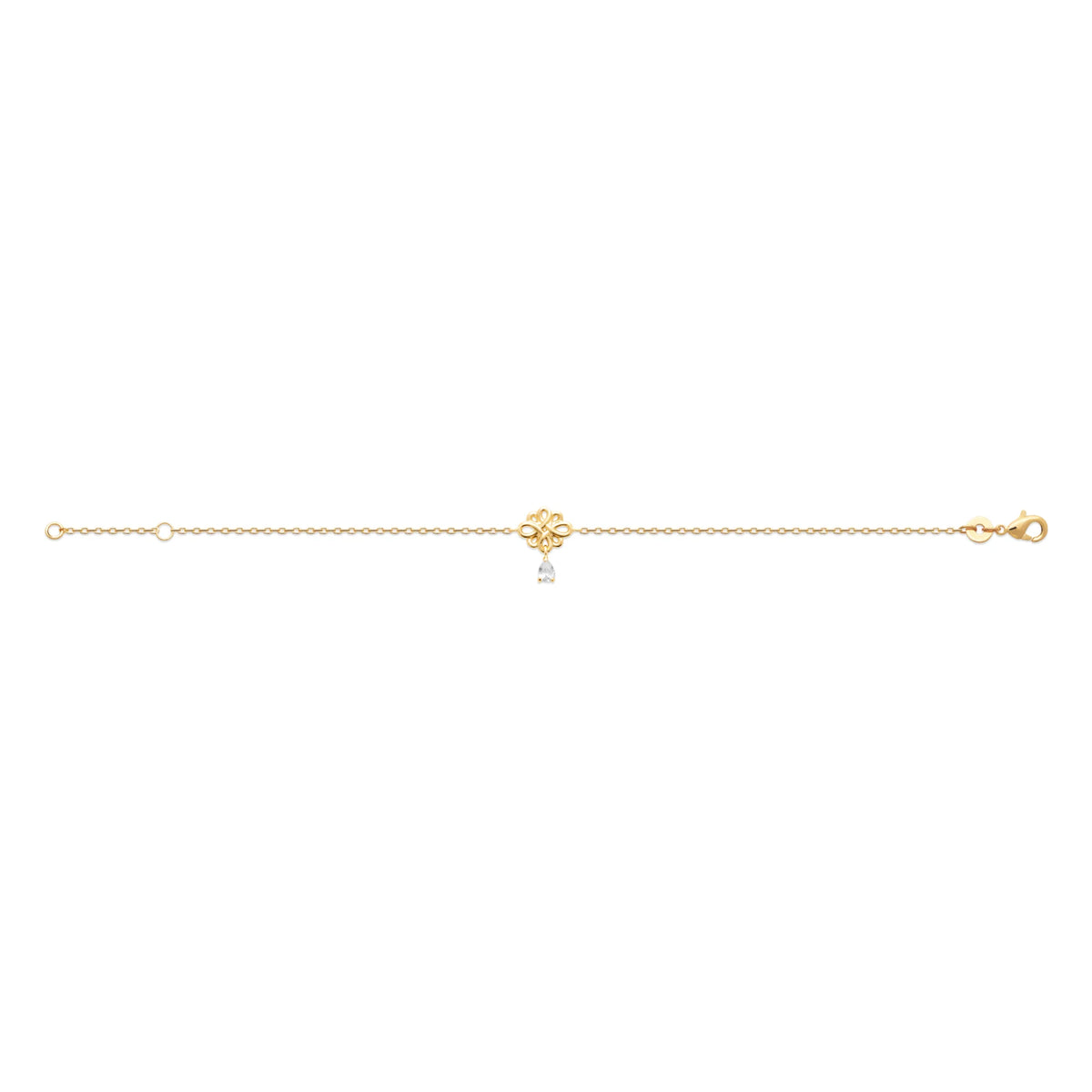 Bracelet chaîne fine nœud entrelacé et pampille zircon en plaqué or