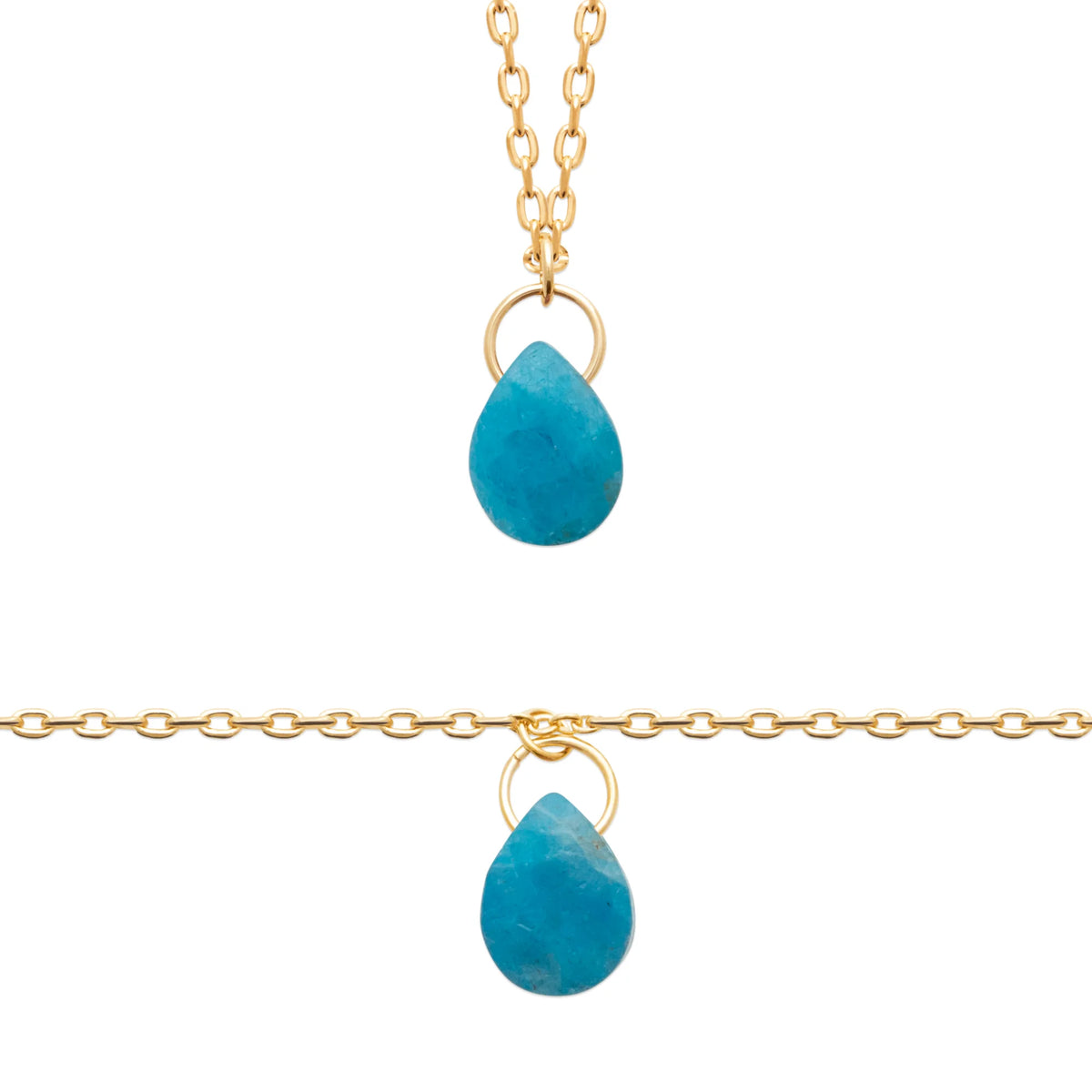 Bracelet chaîne fine pampille goutte d’apatite en plaqué or