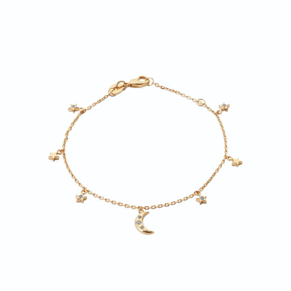 Bracelet chaîne fine pampilles lune et étoiles en plaqué or