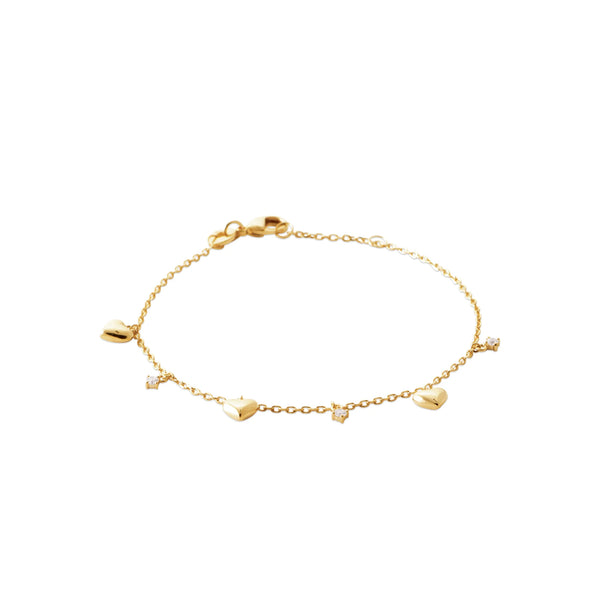 Bracelet chaîne fine pampilles petits cœurs et zircons en plaqué or
