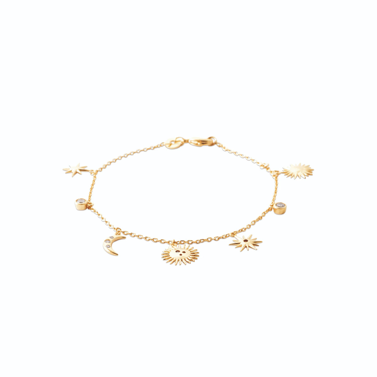 Bracelet chaîne fine pampilles soleils et lune en plaqué or
