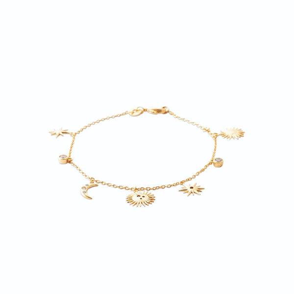 Bracelet chaîne fine pampilles soleils et lune en plaqué or