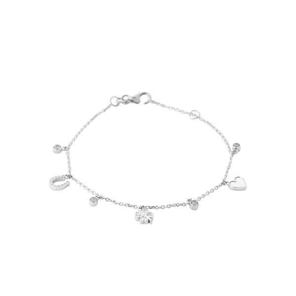Bracelet chaîne fine pampilles trèfle et zircons en argent 925 rhodié